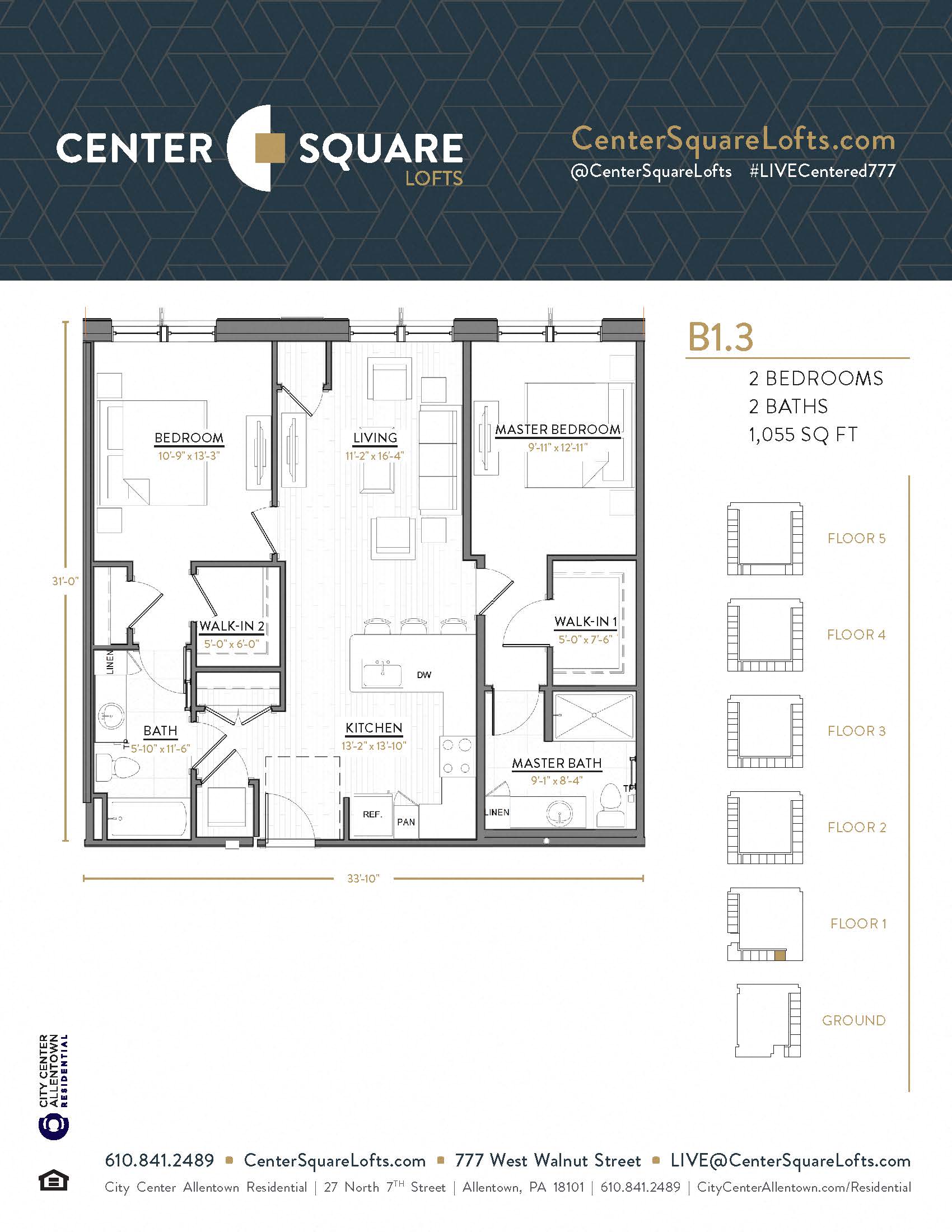 Floor plan for 2 beds, 2 baths, 1055 sqft